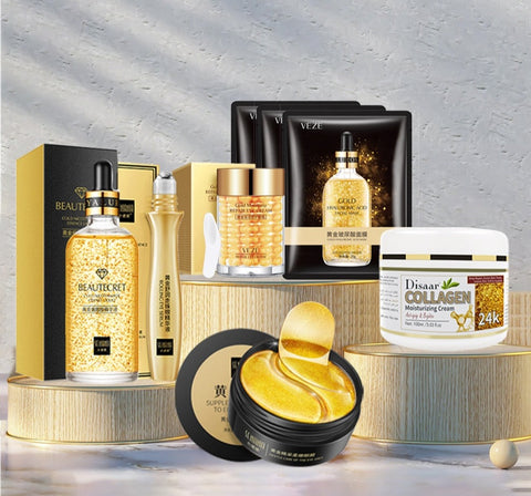 24K Gold Skincare Set: Face Essence, Cream, Mask, Eye Cream & Patch